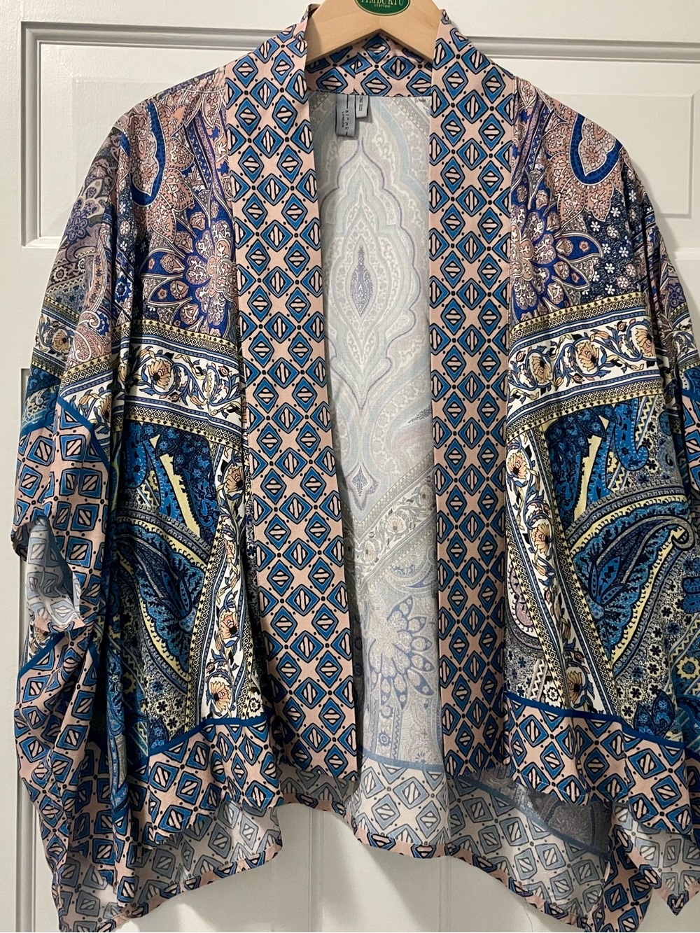 Paisley-Print Open-Front Kimono Jacket - Blue and Cream